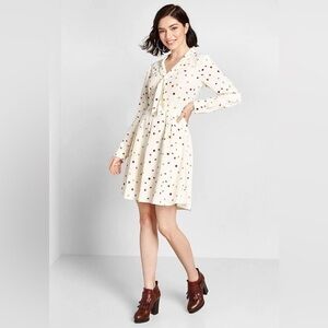 ModCloth Pleasant Confidence Tie-Neck Dress in White/Multi Dot, size 12